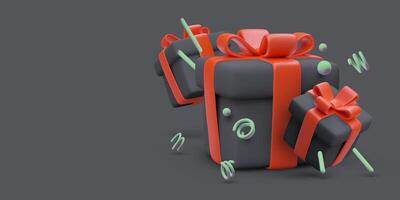 3d nero regalo scatole su buio sfondo. i regali per gli acquirenti su nero Venerdì vettore