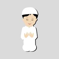 contento musulmano ragazzo cartone animato personaggio vettore. musulmano ragazzo pregando, poco musulmano ragazzo diverso posa e sentire pace. vettore