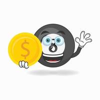 Personaggio mascotte palla da biliardo che tiene monete. illustrazione vettoriale