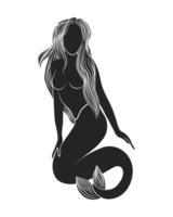 silhouette di un' nudo sirena donna con lungo capelli su un' bianca sfondo, mistico manifesto. parete arte, parete arredamento. vettore