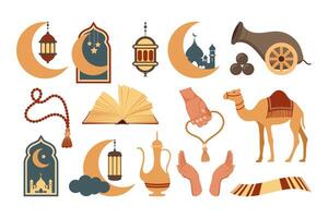 impostato di icone di il Arabo islamico vacanza Ramadan. impostato di icone di islamico vacanza, cultura. Luna, cammello, cannone, moschea, rosario, preghiera prenotare, lampada. vettore. vettore