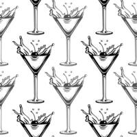 senza soluzione di continuità modello, sagome di bicchieri con cocktail, olive e ciliegie. spruzzo di cocktail. linea arte, vettore