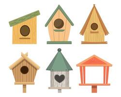 impostato di carino casette per gli uccelli. vario di legno case per uccelli. primavera icone nel piatto cartone animato stile. vettore
