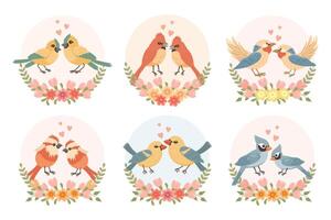 carino cartone animato amore uccelli nel primavera fiore telaio. impostato di saluto carte, invito carte per nozze, compleanno. vettore