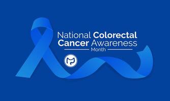 colorettale cancro consapevolezza mese è marzo. striscione, manifesto, carta, sfondo design con blu nastro e testo. vettore illustrazione.
