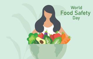 mondo cibo sicurezza giorno concetto, donna Tenere cibo globale vettore illustrazione