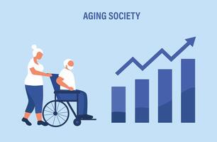 invecchiamento società concetto, mondo popolazione invecchiamento perché di Basso nascita. crescente anziano anziano persone vettore illustrazione