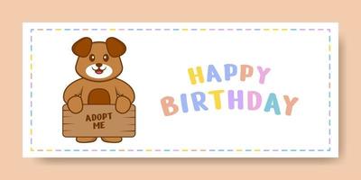 banner di buon compleanno con simpatico personaggio dei cartoni animati di cane. illustrazione vettoriale