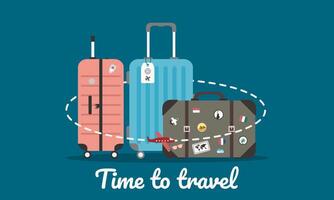 viaggio concetto con bagaglio o Bagaglio e vecchio Vintage ▾ pelle valigia con viaggio adesivi. tempo per viaggio. vettore illustrazione.