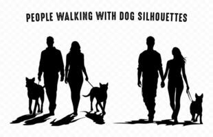persone a piedi con cane sagome vettore, coppia a piedi con un' cane silhouette vettore