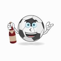 personaggio mascotte del pallone da calcio che tiene una bottiglia. illustrazione vettoriale