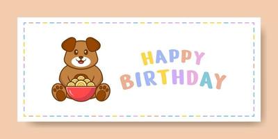 banner di buon compleanno con simpatico personaggio dei cartoni animati di cane. illustrazione vettoriale