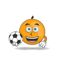 il personaggio mascotte arancione diventa un giocatore di calcio. illustrazione vettoriale