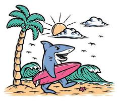illustrazione di squali surfisti sulla spiaggia