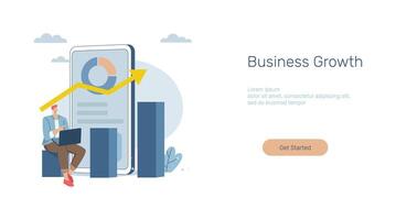 attività commerciale crescita, investimento quello continua per crescere costantemente, pubblicità media design concetto, bandiera cartello. mobile app. ragnatela modello. uomo d'affari con il computer portatile seduta su bar grafico. vettore illustrazione