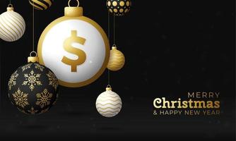 buon natale oro simbolo del dollaro banner. simbolo del dollaro come biglietto di auguri appeso palla pallina di Natale. immagine vettoriale per natale, finanza, capodanno, banche, soldi