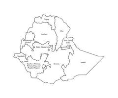 vettore isolato illustrazione di semplificato amministrativo carta geografica di Etiopia. frontiere e nomi di il regioni. nero linea sagome.