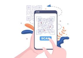 scanner di codici qr per pagamento online, pagamento elettronico e trasferimento di denaro su smartphone con app in mano. illustrazione vettoriale di sfondo
