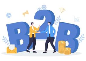 b2b o business to business illustrazione vettoriale di marketing. uomini d'affari e clienti si stringono la mano dopo aver impostato la strategia, le vendite e il commercio per la transazione concordata