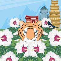 tigre coreana e fiori vettore