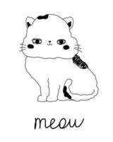simpatico gattino bianco con testo miagolio. personaggio dei cartoni animati per bambini su uno sfondo isolato. stampa, banner, brochure. vettore