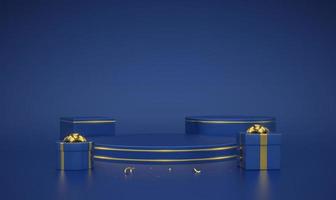 podio tondo e cubo blu. scena e piattaforma 3d con cerchio d'oro su sfondo blu. piedistallo vuoto con scatole regalo con fiocco dorato e coriandoli. pubblicità, design del premio. illustrazione vettoriale. vettore