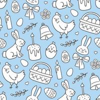 carino doodle pasquale senza cuciture con coniglietto, cesto, uova di pasqua, torte, pollo, ramoscelli di salice e candele. illustrazione disegnata a mano di vettore