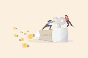 la creatività aiuta a creare nuove idee, il brainstorming guida l'immaginazione a risolvere i problemi e l'innovazione per far crescere il successo aziendale, le donne che spingono la creatività al distributore di dentifricio per creare idee per il business. vettore