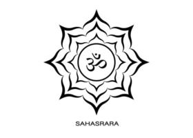 settimo chakra sahasrara, modello di logo di simbolo om. simbolo del chakra della corona, meditazione del segno sacrale del loto, otto petali, tatuaggio nero dell'icona rotonda di yoga della mandala, vettore isolato su fondo bianco