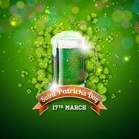 santo Patrick giorno illustrazione con irlandesi tradizionale verde birra e volante trifoglio le foglie su brillante sfondo. st. patricks giorno fortunato celebrazione vettore design per volantino, vacanza manifesto