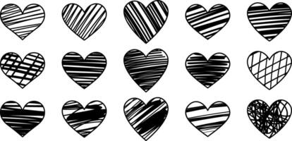 mano disegnato grunge cuore elementi, San Valentino clip arte design impostare, scarabocchio cuori collezione vettore