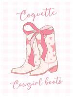 carino rosa civetta cowgirl stivali Groovy con nastro arco mano disegnato scarabocchio vettore