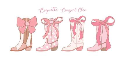 civetta rosa cowgirl stivali con nastro arco mano disegnato collezione vettore
