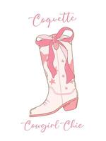 civetta rosa cowgirl stivali con nastro arco mano disegnato scarabocchio vettore