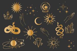 esoterico impostato con sole, Luna, serpente, cristallo e stelle. oro simbolo per cosmetici e confezione, gioielleria, logo, tatuaggio. vettore