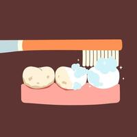 spazzolatura denti. dentale cura concetto. spazzolino e dentifricio bolle schiuma. orale igiene. piatto vettore isolato illustrazione