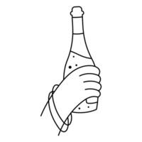 femmina mano con un' bottiglia di Champagne. alcool abuso dipendenza illustrazione. mentale Salute i problemi. mano disegnato linea icona. vettore