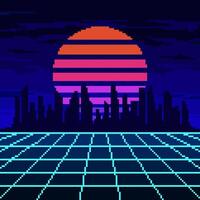 pixel synthwave neon maglia con città e sole sfondo. blu vaporwave paesaggio con griglia digitale design con buio grattacieli e a strisce stella nel viola notte vettore cielo