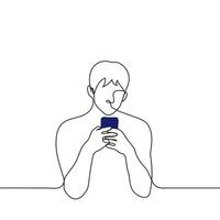 uomo digitando su Telefono - uno linea disegno vettore. concetto di intensivo corrispondenza su Telefono nel sociale reti o giocando mobile Giochi vettore