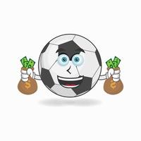 personaggio della mascotte del pallone da calcio che tiene soldi. illustrazione vettoriale