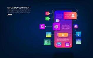 telefono cellulare con interfaccia smontata. esperienza utente, interfaccia utente nell'e-commerce. wireframe del sito Web per app mobili vettore