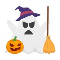 fantasma strega, scopa con zucca Halloween illustrazione vettore