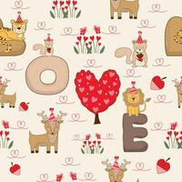 carino cartone animato San Valentino bosco animali amore cuore rosa rosso senza soluzione di continuità modello tessile sfondo vettore illustrazione