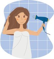 donna con asciugacapelli nel bagno, capelli cura cosmetico procedura, quotidiano igiene vettore illustrazione