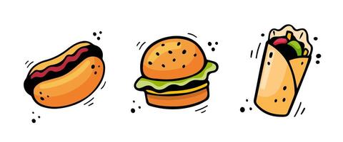 mano disegnato veloce cibo icone caldo cane, Hamburger, doner kebab. schizzo di merenda elementi isolato su bianca sfondo. veloce cibo illustrazione nel scarabocchio stile. veloce cibo collezione. vettore