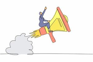 singolo continuo linea disegno arabo donna d'affari equitazione megafono razzo volante nel il cielo. narrativa con preciso Messaggio. morbido abilità per comunicare. uno linea grafico design vettore illustrazione