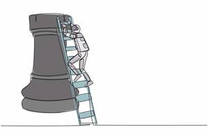 singolo uno linea disegno astronauta arrampicata enorme torre scacchi pezzo con scala a pioli. stadi di successo nel preparazione per spazio esplorazione. cosmico galassia spazio. continuo linea disegnare design vettore illustrazione