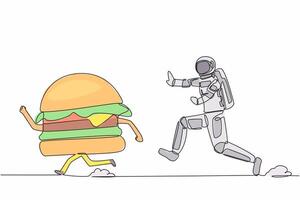 singolo continuo linea disegno di giovane astronauta correre chasing Hamburger nel Luna superficie. cibo tenuta industria nel esterno spazio. cosmonauta in profondità spazio concetto. uno linea design vettore grafico illustrazione