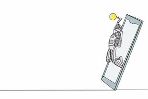 singolo continuo linea disegno di giovane astronauta pallavolo atleta giocatore nel azione salto spuntone ottenere su di smartphone schermo. cosmonauta in profondità spazio. uno linea grafico design vettore illustrazione