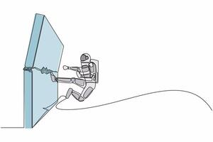 singolo uno linea disegno giovane astronauta fare kungfu o karatè volante calcio per distruggere mattone parete. successo nel spazio esplorazione. cosmico galassia spazio. continuo linea grafico design vettore illustrazione